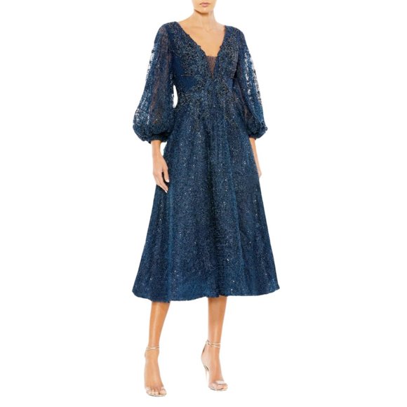 Mac Duggal 20391 Size 8 Dark Blue Floral V-Neck Long Bishop Sleeve Midi Dress - Picture 2 of 4